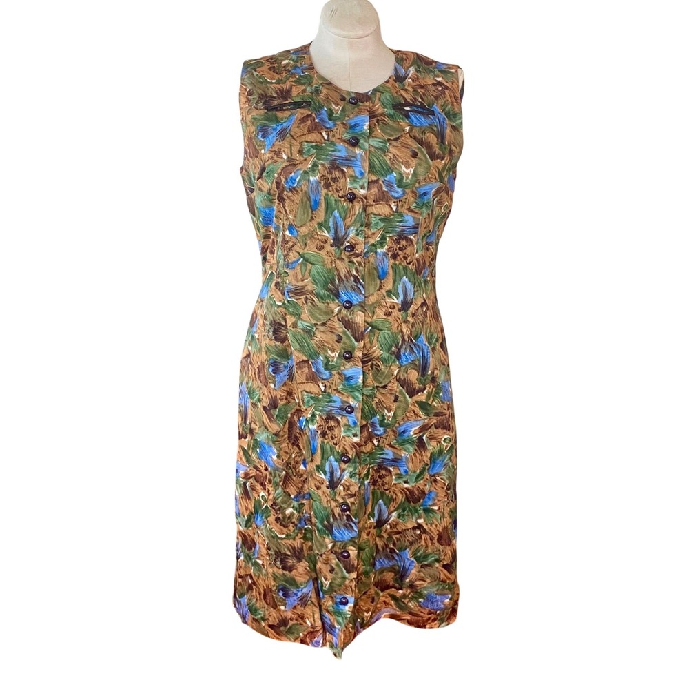VTG 1960's dress Abstract Painterly Print sz XL Sleeveless BrownHANDMADE mod